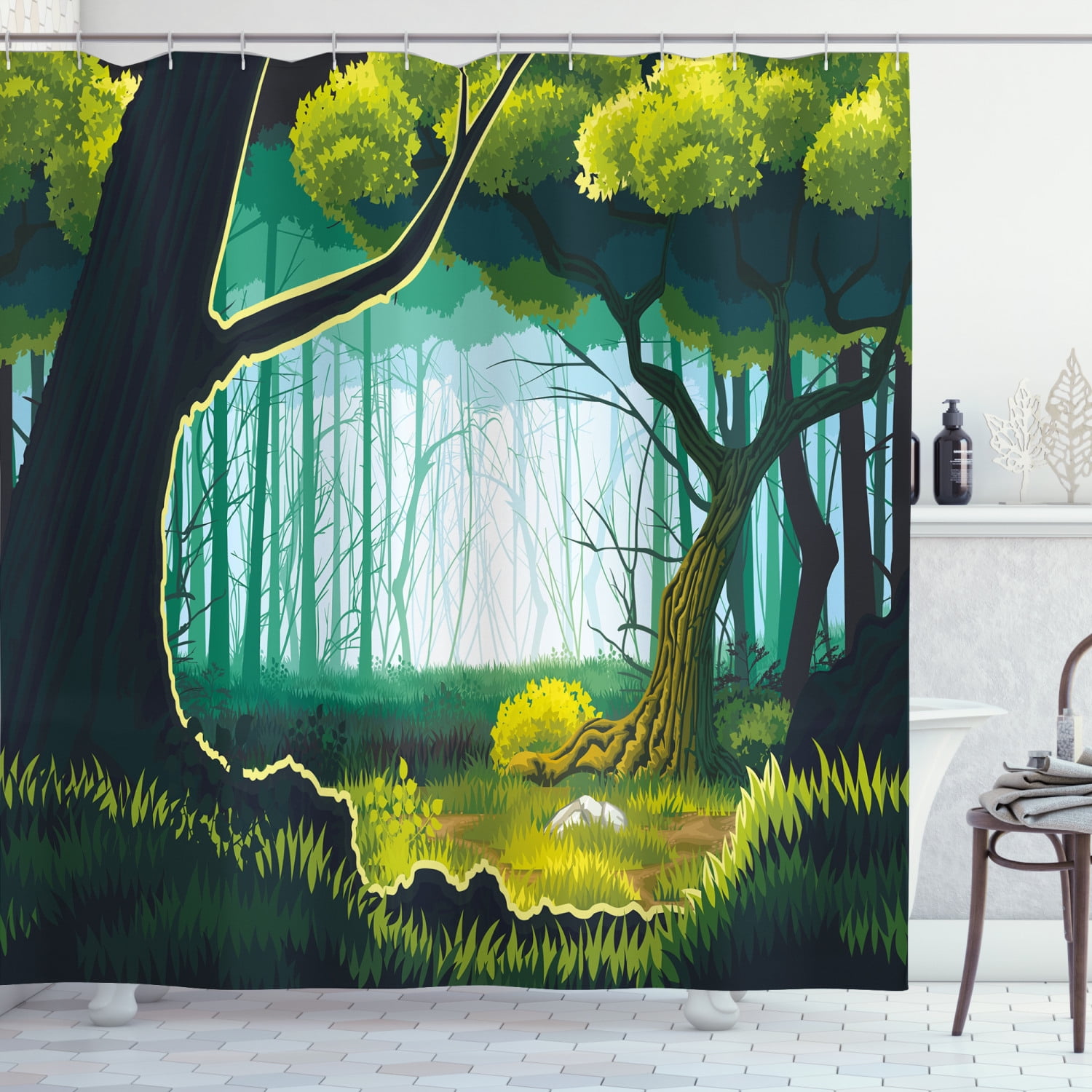 Woodland Shower Curtain, View of a Forest Landscape Outdoor Scene