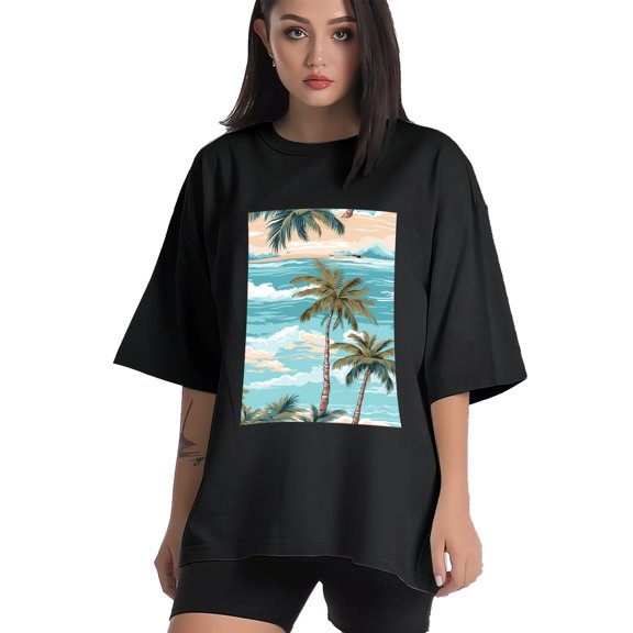 Plus Size Shirt for Women Black Tops for Women Short Sleeves Shirt for Women Seaside (67) T Shirt Crewneck Shirt for Women XS