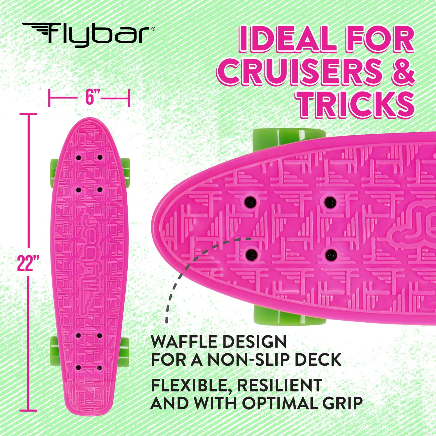 Flybar 22 inch Plastic Cruiser Skateboard, Non-Slip Deck, for Boys and Girls Ages 6+ up to 175lbs, Pink
