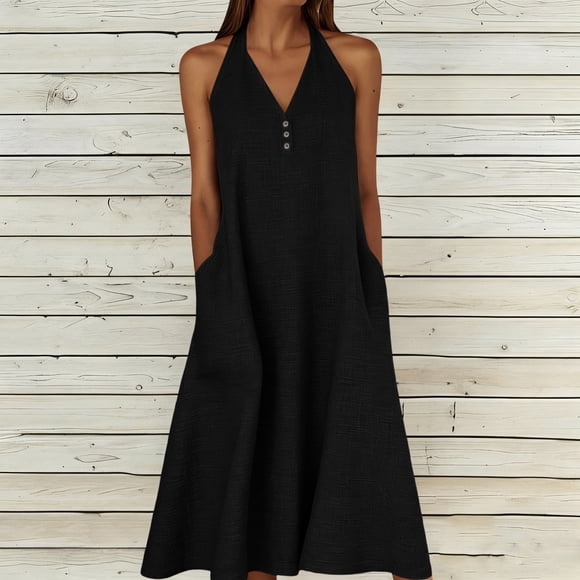 Neewe Women Summer Midi Dresses Plain Halter Neck Sleeveless Casual Loose Swing Button Down with Pockets