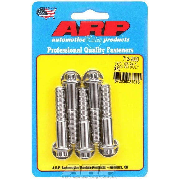 ARP 713-2000 Stainless Steel 3/8-24" Fine RH Thread 2.000" UHL 12-Point Bolt with 3/8" Socket and Washer, (Set of 5)
