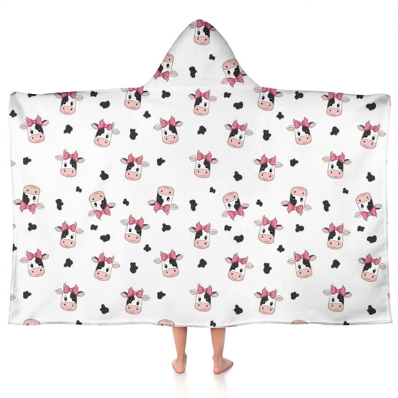 White Cow Black Spot Bow Pattern Hooded Bath Towel,50"x30" for Ages 3 To 12 Kids, Quick Dry Lightweight Soft Microfiber Hood Beach Towel Cover Up for Kids