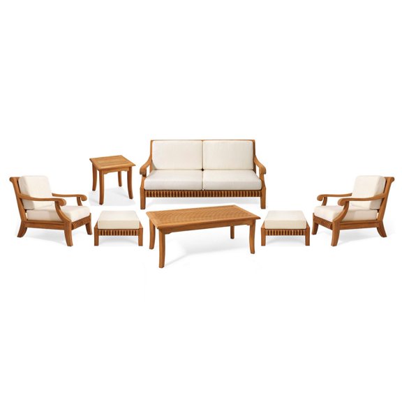 Giva 7 Pc Sofa Set: Sofa, 2 Lounge Chairs, 2 Ottomans, Coffee Table & Side Table With Cushions in Sunbrela Fabric #5404 Canvas Natural