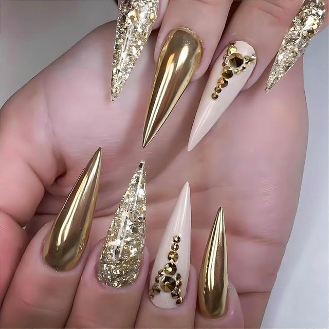 Uñas postizas largas de aguja con diamantes de imitación, purpurina dorada, acrílico brillante, juego reutilizable de 24 piezas.