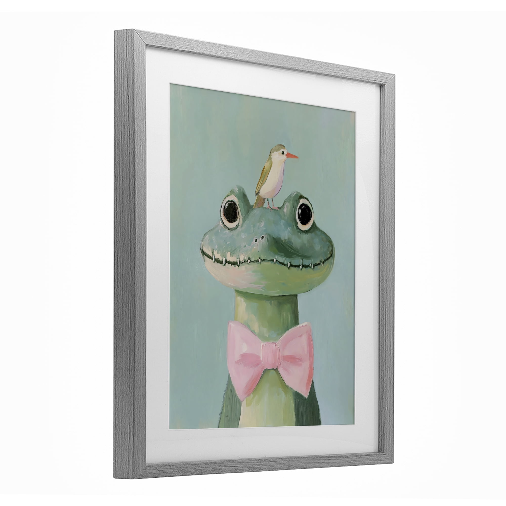 Stupell Industries Crocodile & Bird with Bowtie Gray Framed Print Under Glass, design by The Prints Vibe