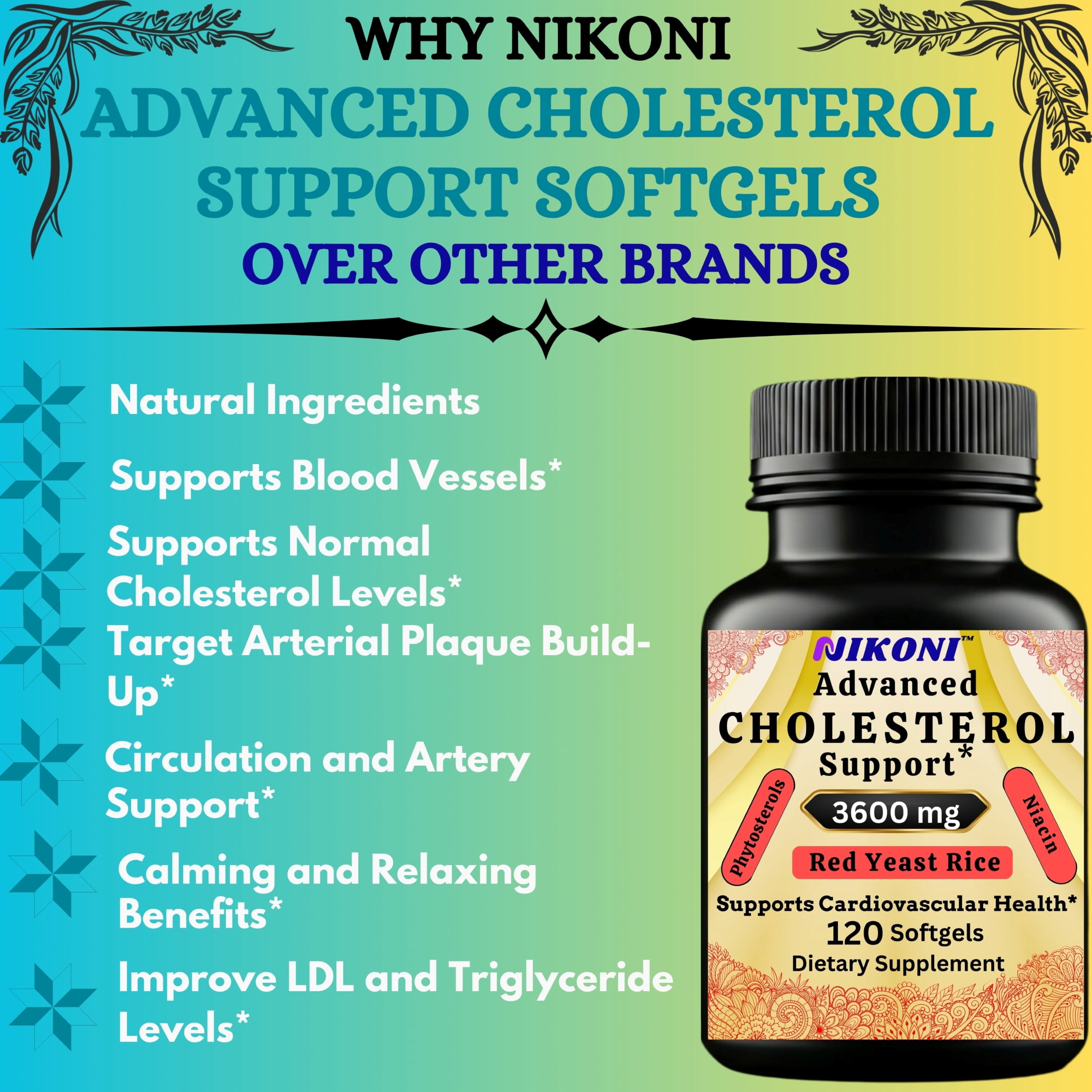 Nikoni Advanced Cholesterol Support Dietary Supplement 3600 mg Plant Sterols & Vitamins 14-in-1 Formula 240 Softgels