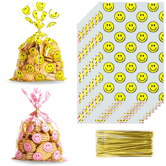 200 Pcs Clear Goodie Bags with Happy Face Print & Twist Ties, 3.1" x 9" Plastic Treat Bags for Candy, Party Favors, Events & Celebrations