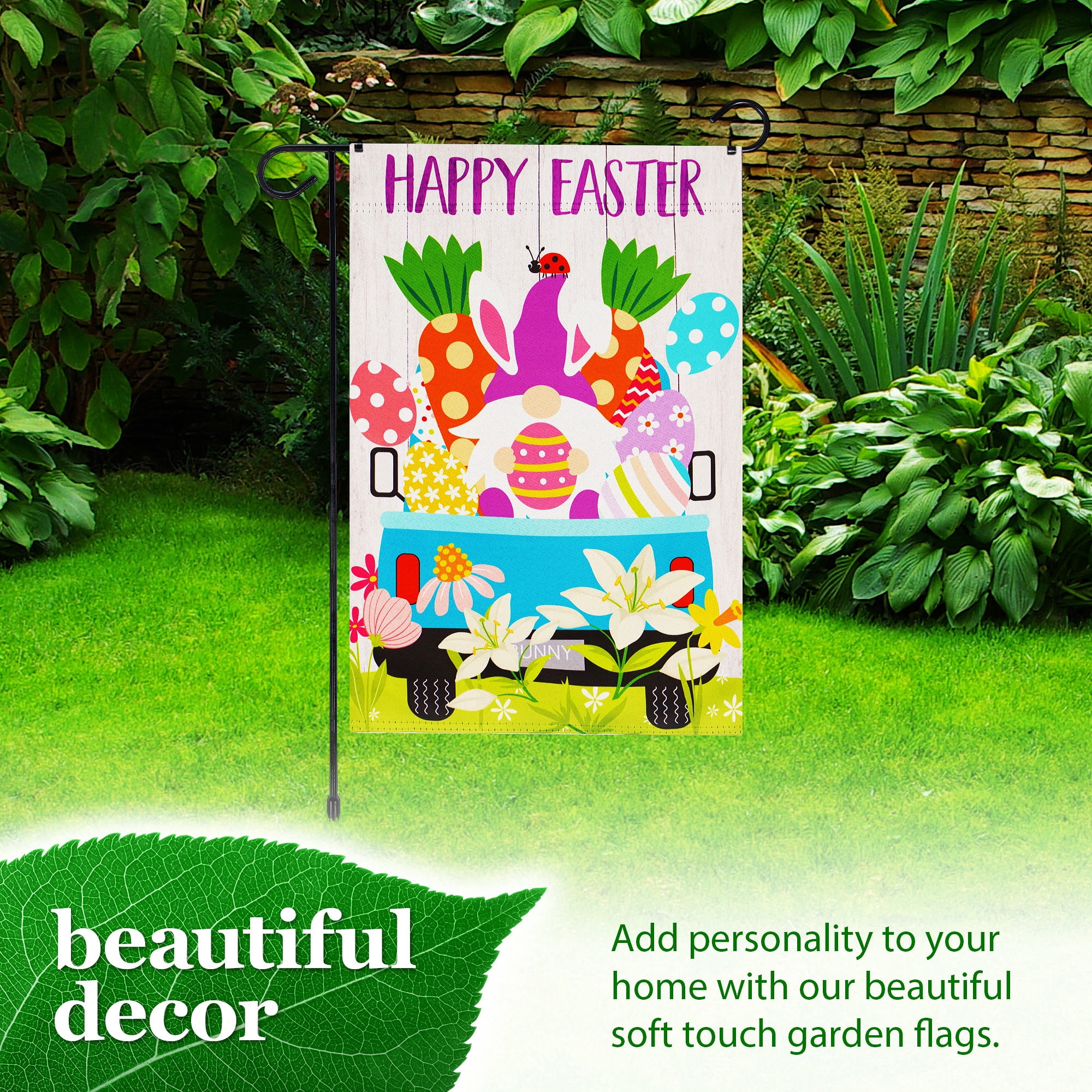 G128 2sets: 36"x16" Flag Stand & 12"x18" Double Sided Gnome Truck Garden Flag Easter Polyester