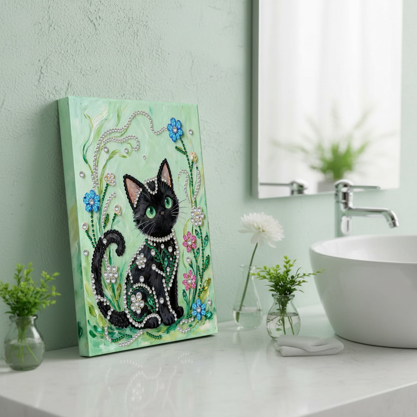 FLOPESN DIY Gemstone Pearl Diamond Art Painting Kit with Frame, 11.81x15.75in Colored Canvas, Home Decor Display for Tabletop and Wall -Black Cat