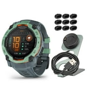 Garmin Instinct 3 50mm AMOLED GPS Smartwatch (Neo Tropic and Twilight Band) Bundle with Focus Camera Portable Charger Stand and Focus Charger Port Protectors (9-Pack) (3 Items)