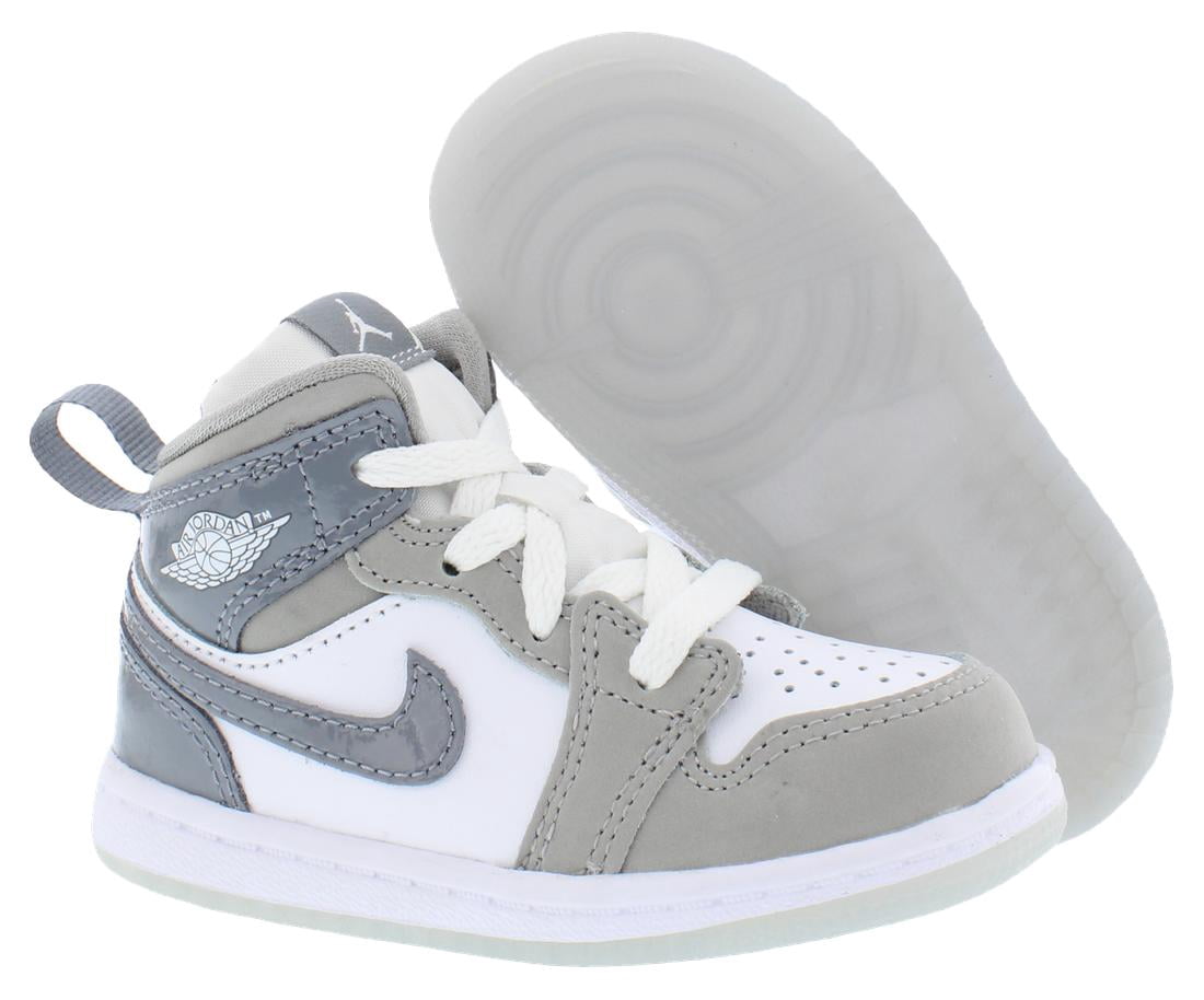 Nike Jordan 1 Mid SE Leather Infant/Toddler Shoes Size 6, Color: White/Cool Grey/Medium Grey
