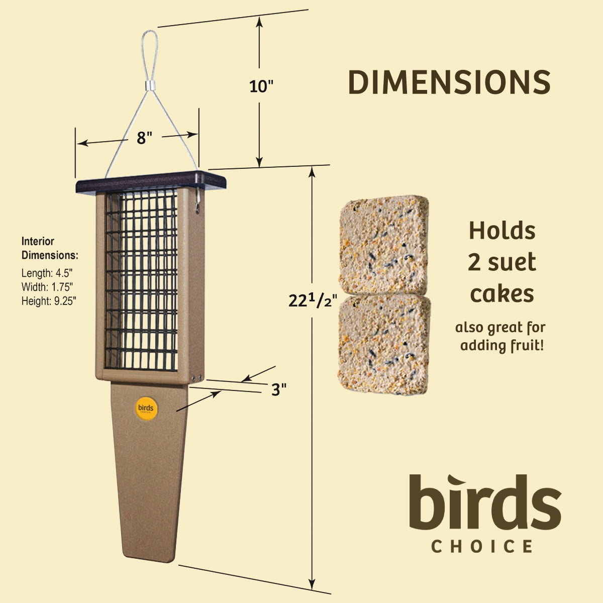 Birds Choice SNPSB Recycled Double Cake Suet Feeder, 8"L X 3"W X 22-1/2"H, Taupe w/ Brown Roof