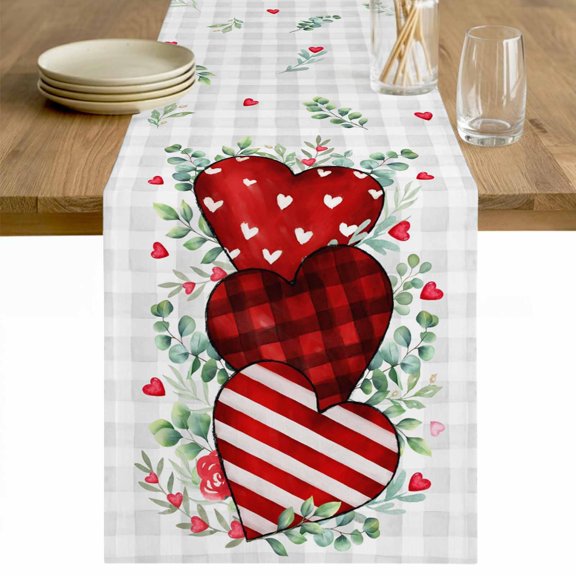 Valentine's Day Table Runner 36 Inches Long Farmhouse Dress Scarves, Red Striped Love Eucalyptus Grey Plaid Dining Tablerunner for Coffee Table/Kitchen Island/Party Décor, Small 13" x 36"