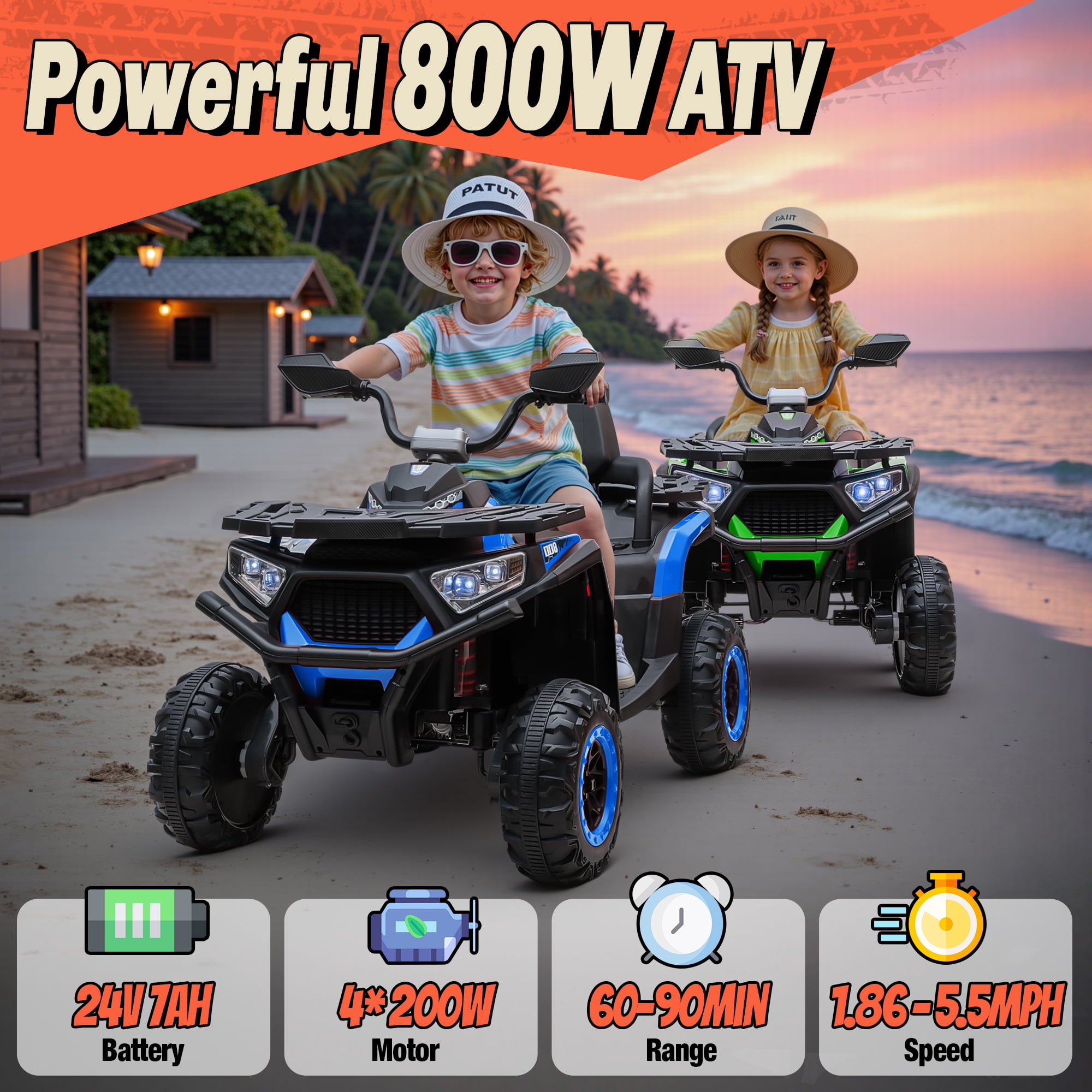 Joyracer 24V 4x4 Kids ATV Electric 4-Wheeler with Leather 2-Seater, 24 Volt Ride on Toys for Big Kids w/ Kneepads, 4x200W Motors, Bluetooth Music, Blue