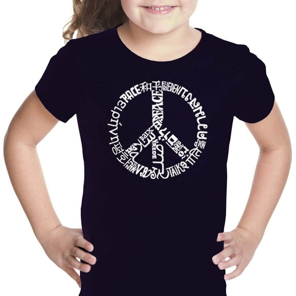 LA Pop Art Girl's Word Art T-shirt - THE WORD PEACE IN 20 LANGUAGES