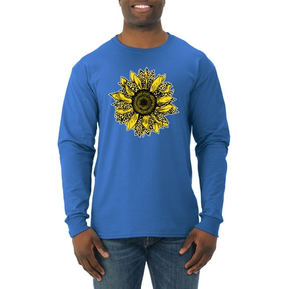 Wild Bobby, Artsy Cheetah Leopard Print Sunflower, Fashion, Men Long Sleeve Shirt, Royal, 2XL