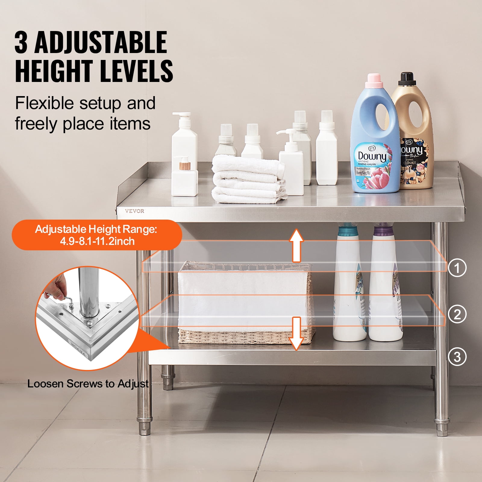 VEVOR Stainless Steel Work Table,30 x 36 x 26 Inch Commercial Food Prep Worktable,3-Sided Backsplash Heavy Duty Prep Worktable,Metal Work Table with Adjustable Height for Restaurant Home Hotel