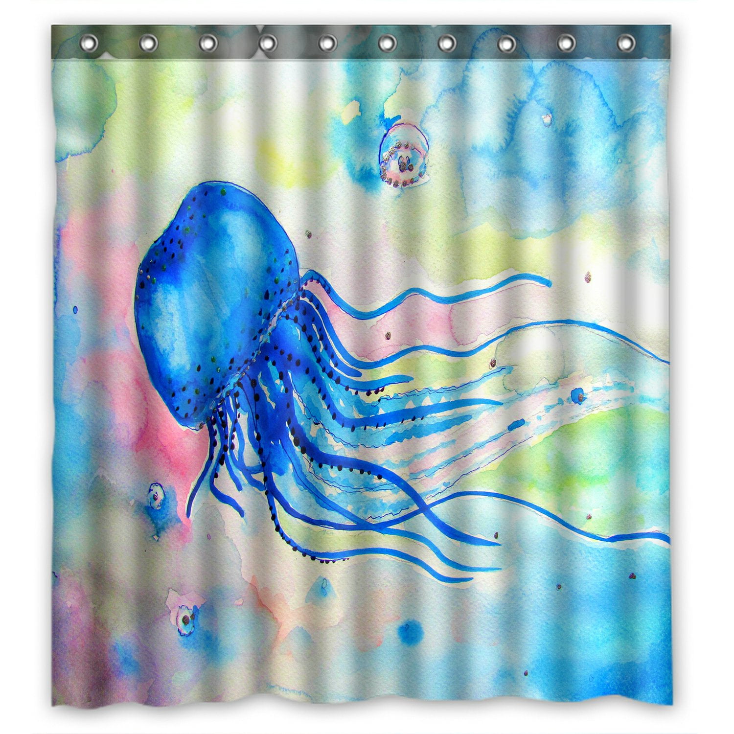 PHFZK Watercolor Shower Curtain, Tropcial Beach Sea life with Jellyfish