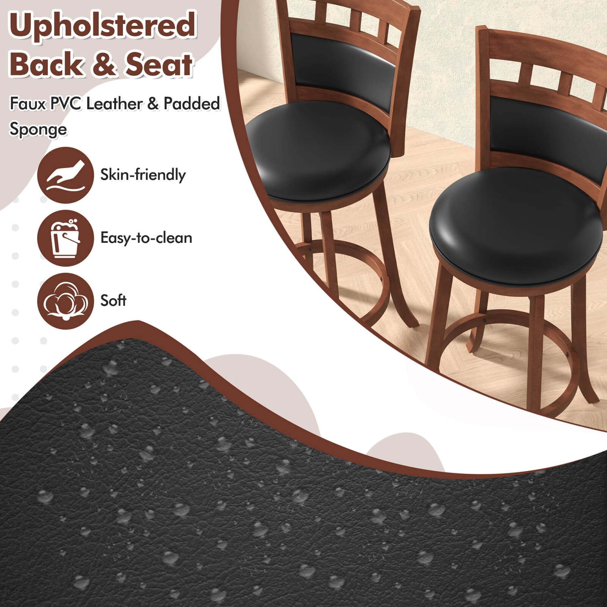Costway Wood Swivel Bar Stools Set of 2 with Faux Leather Upholstered Seat & Back
