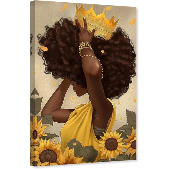 ZHONGYUTONG African American Wall Art Woman Canvas Afro Black Girl Sunflower Pictures Queen Yellow Flowers Painting Wall Decor Framed (12.00" x 18.00")