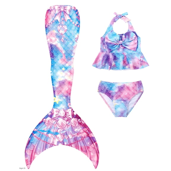 CARETOO Mermaid Swimsuit For Girls 3Pcs Kids Swimwear With Mermaid Tail Cute Bikini Bathing Suit Sets 4-10 Years