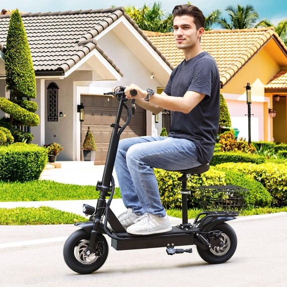 400W Adult Electric Scooter with Seat, 10" Tires, Shock Absorption, Up to 25 Miles, 20 MPH, with Carry Basket, for Commuting