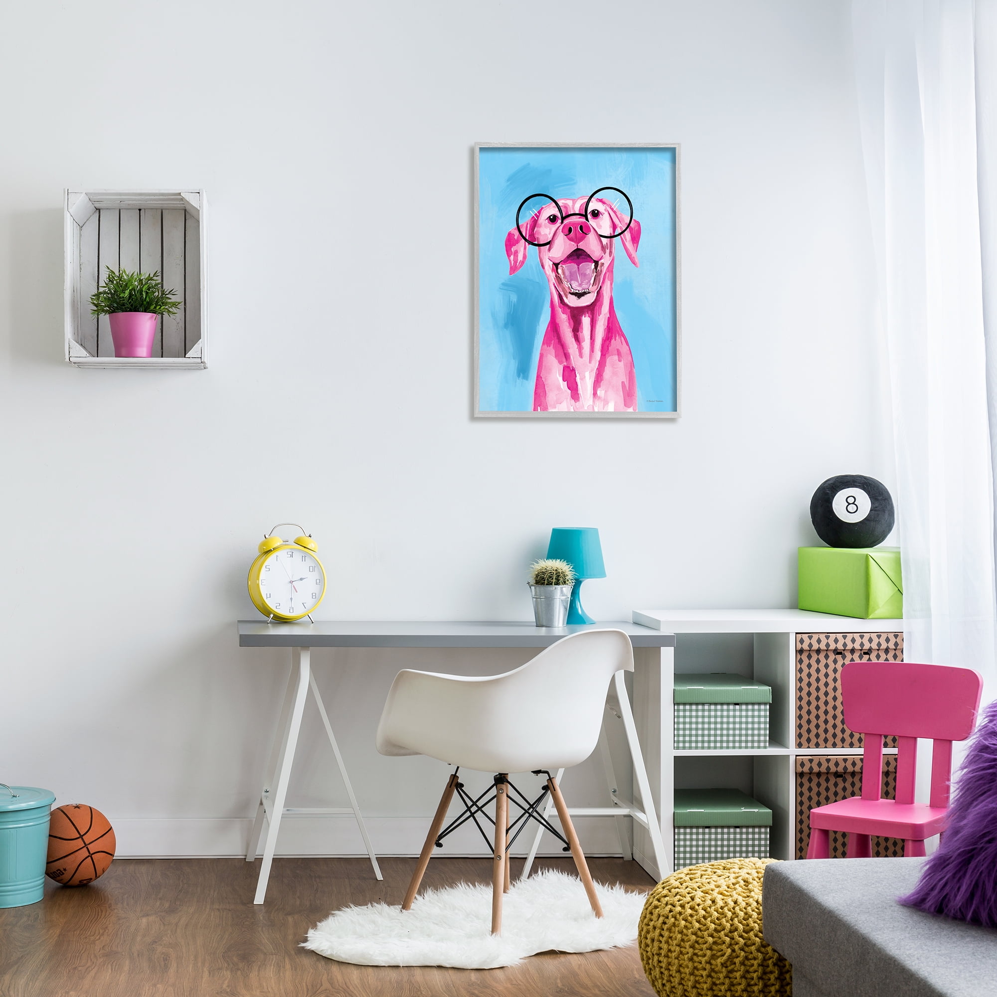 Stupell Industries Pink & Blue Happy Dog Animals & Insects Painting Gray Framed Art Print Wall Art, 24 x 30