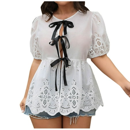 Women s 2025 Summer Dressy Casual Tops Short Puff Sleeve Babydoll Peplum Blouse Bow Tie Front Hollow Out Lace Shirts