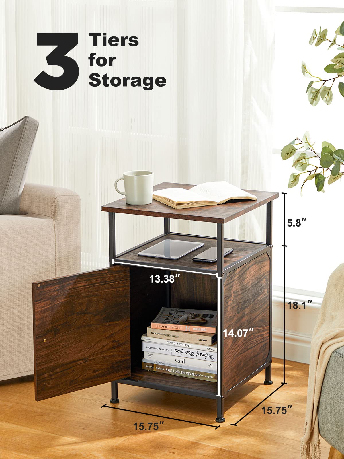 2-Tier Rustic Full Metal Frame Nightstand Table Bedside End Table with Drawer for Livingroom Bedroom