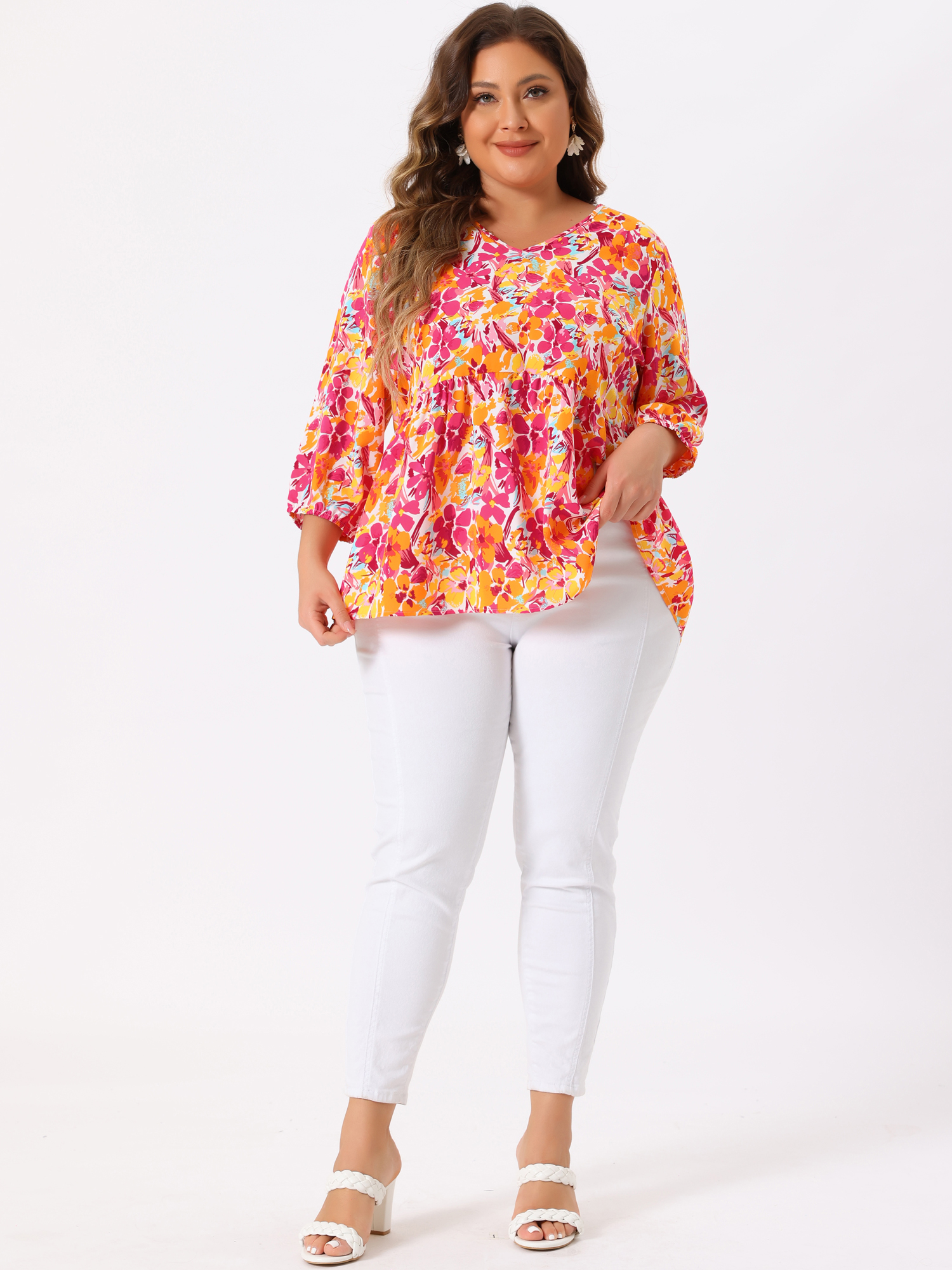 Unique Bargains Women's Plus Size V Neck Flowy 3/4 Sleeve Floral Blouse 4X Orange Pink