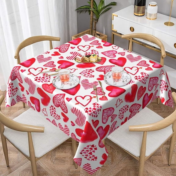 Valentines Tablecloth Square 54x54 Inch Pink Red Love Heart Table Cloth,Stain Resistance Polyester Memorial Day Table Covers for Kitchen Dining,Small Tablecloth for Party Picnic