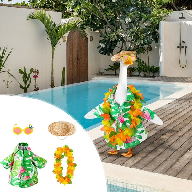Hawaiian Porch Gooses Outfits Yard Gooses Clothes Hawaiian Wreath With Straws Hat Glasses 4PCS Set Summer Lawns Gooses Costume For 23in Statue Patio Garden Deco