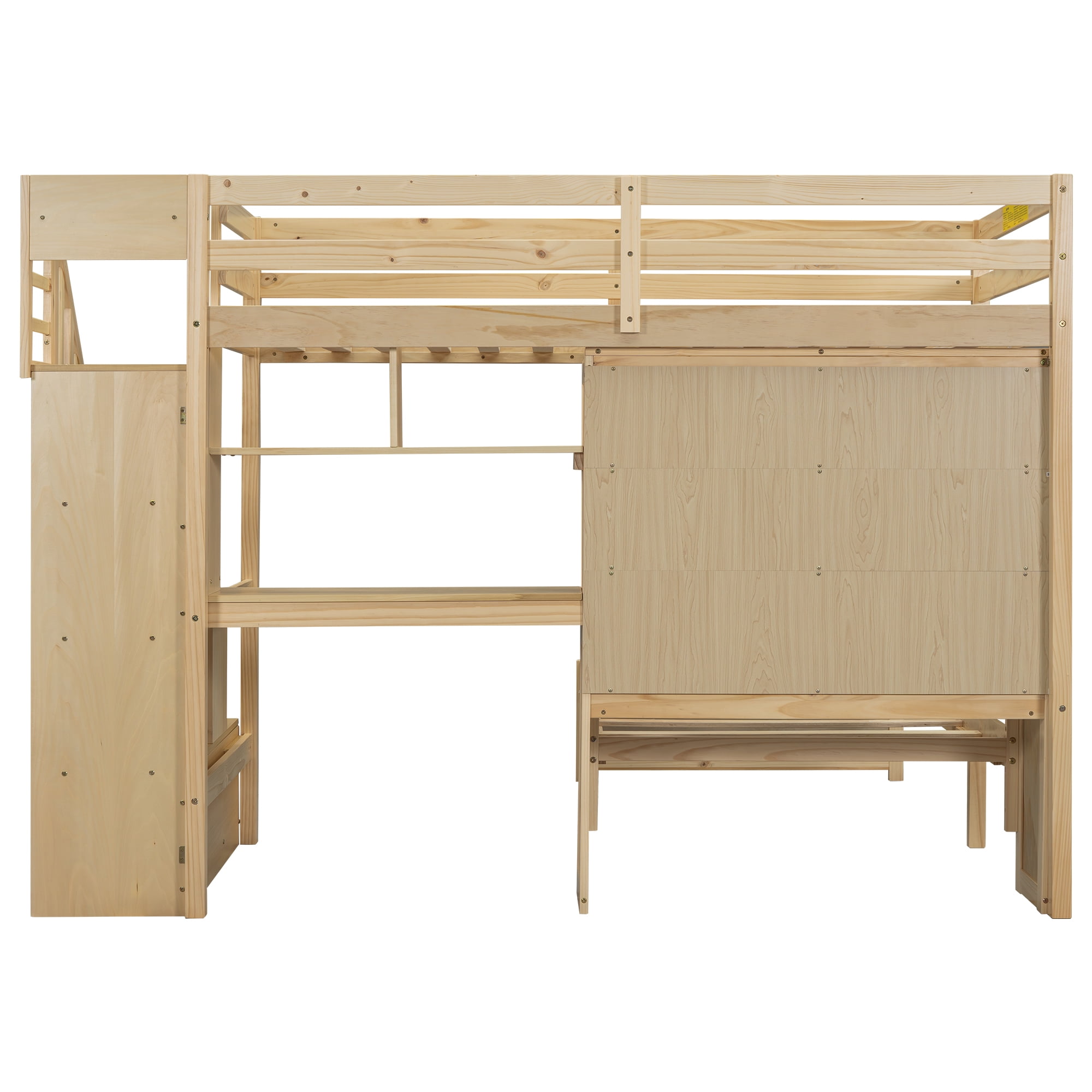 EUROCO Twin over Twin Bunk Bed with Desk and Shleves, Bookcase and Staircase for Kids Teens, Natural