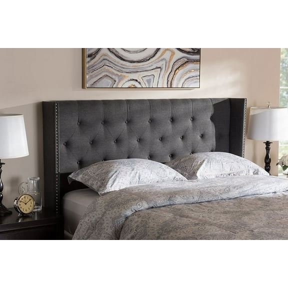Baxton Studio Ally Modern And Contemporary Dark Gray Fabric Button-Tufted Nail head Full Size Winged Headboard