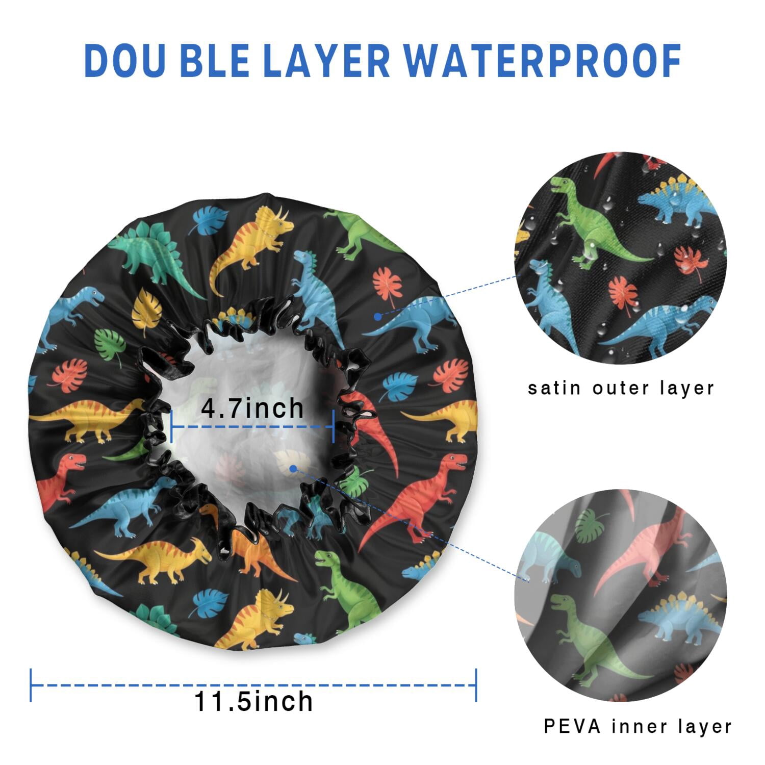 Shower Caps,Black Cartoon Dinosaurs Colorful Leaves Pattern Waterproof Shower Cap for Women 4 Pieces,Double Reusable Hair Cover for Shower PEVA Elastic Stretch Hem