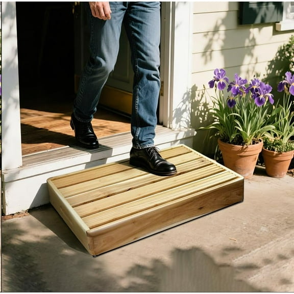 Wooden One Step Stool,Teakwood Indoor Stepping Stools for Elderly/Chirld,Adults Non Slip Outdoor Platform with Carved Grooves & Hidden Handles for High Bed Riser, Bedroom,Bathroom, Kitchen, Garden