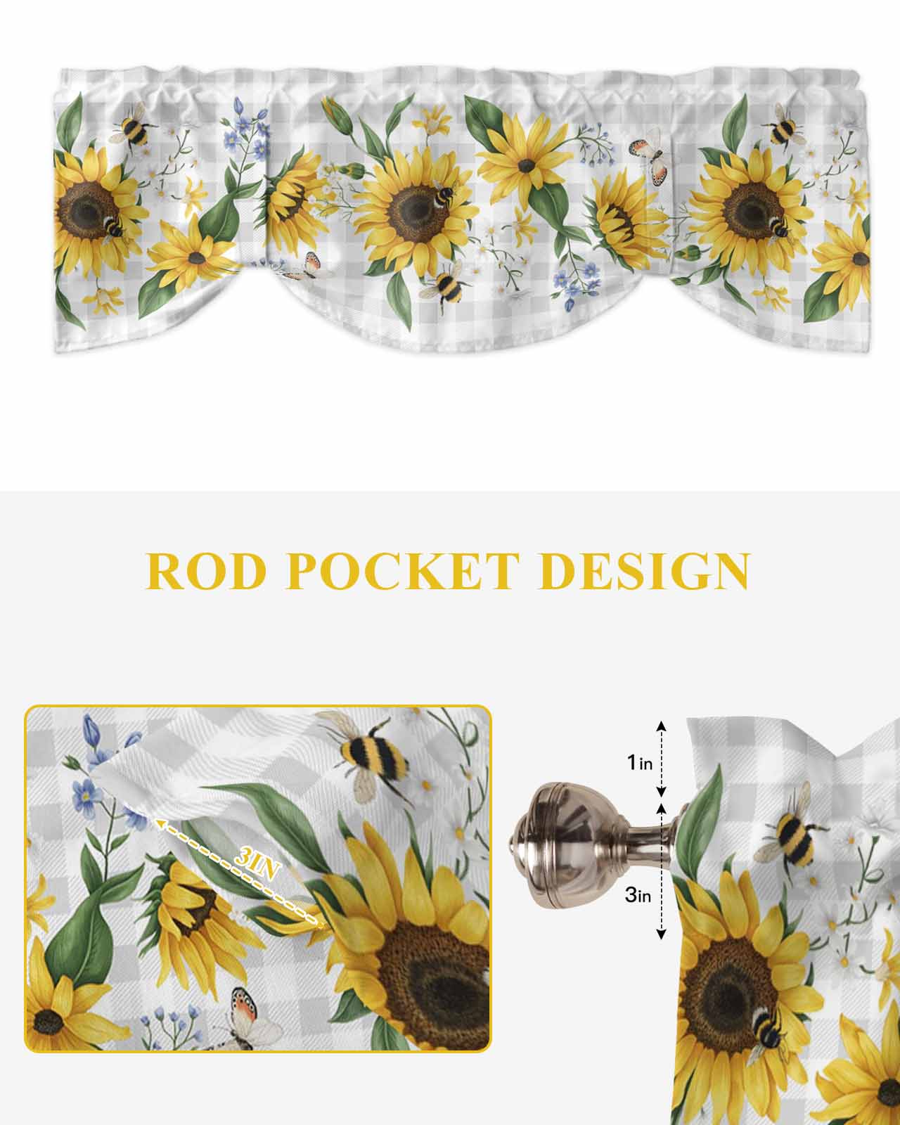 Sunflower Tie Up Valances Curtain, Adjustable Kitchen Butterfly Bee Valances for Windows Decor, Rod Pocket Short Curtains Set for Bedroom/Bathroom, 60"x18"