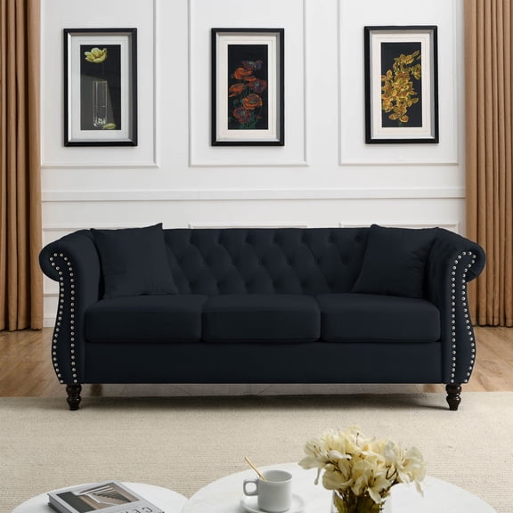 80" Chesterfield Sofa Black Velvet for Living Room, 3 Seater Sofa Tufted Couch with Rolled Arms and Nailhead for Living Room, Bedroom, Office, Apartment, Two Pillows (Black)