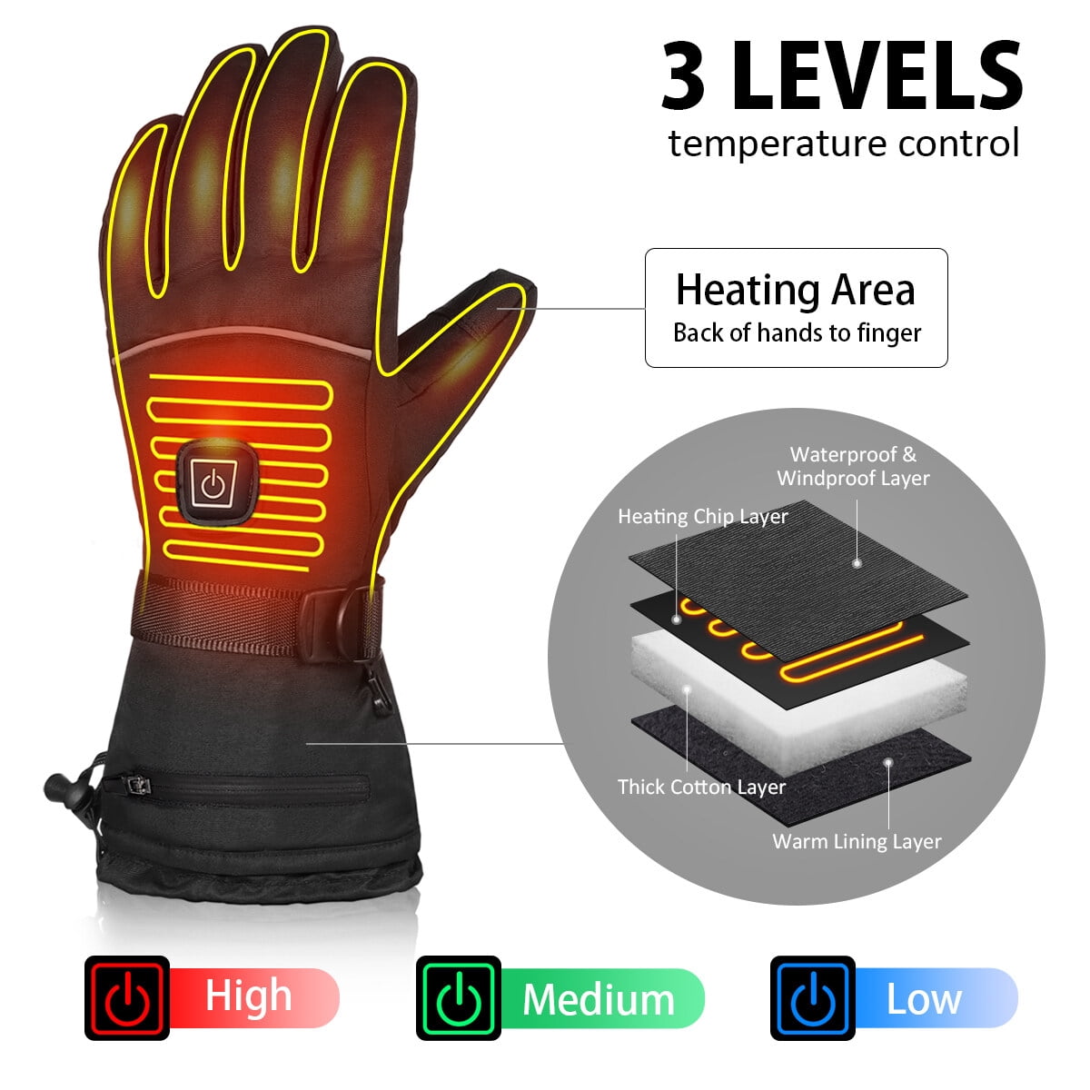 HESHENG Skiing Thermal Gloves 3 Levels Heating Battery-Operated Heated Gloves Electric Winter Warm Gloves for Men Women Unisex