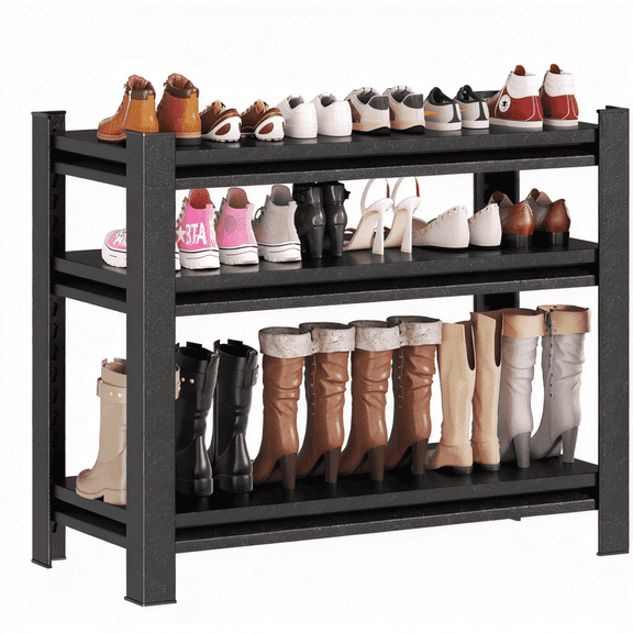 32''H Adjustable Garage Shelving Unit, 3 Tier Metal Shelving Utility Shelf, 1200LBS Industrial Storage Shelves Rack for Warehouse Basement Kitchen Pantry Bathroom Laundry Shop Plant Shoes Book,Black