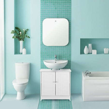 Bathroom Vanity Store iKayaa Bathroom Vanity Furniture Modern Under Sink Storage Cabinet with Doors 2 Layer Organizer White/Blue ()