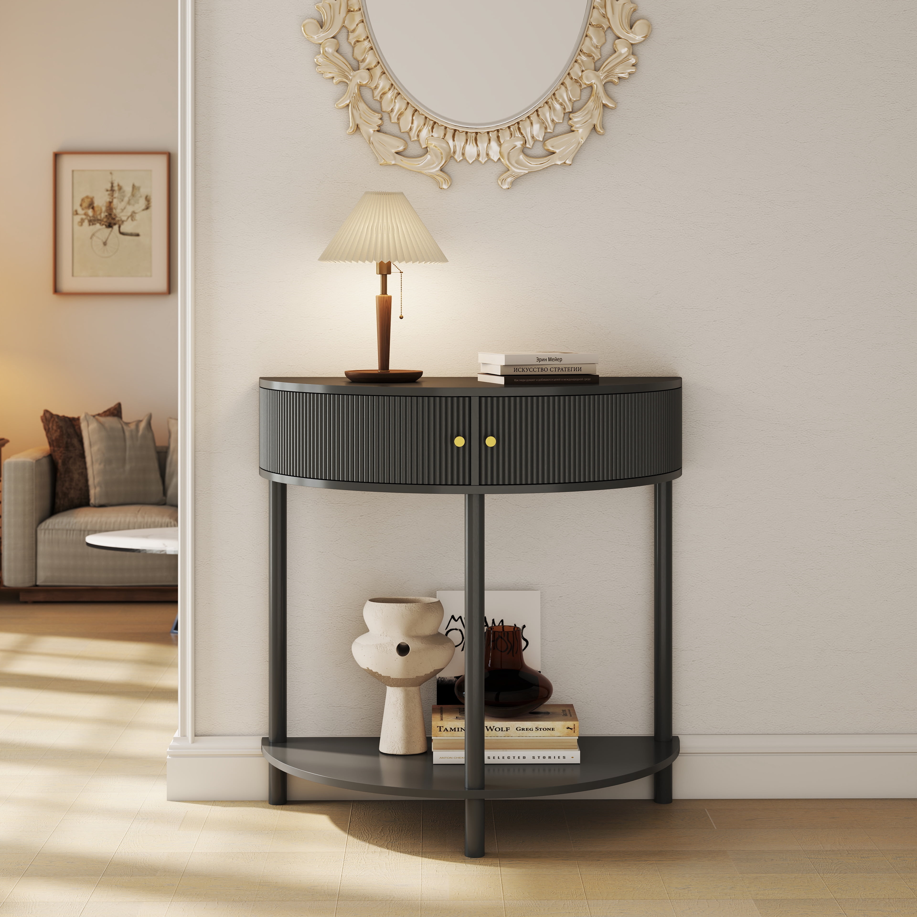 Aukfa Demi-Lune Console Table with Fluted Drawers, Half-Moon Entryway Accent Table Sofa Table, Black