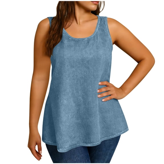 Plus Size Tank Tops for Women Crew Neck Sleeveless Blouse Casual Faux Denim Top Solid Color T Shirts Loose Fit Women's Tees and Tanks