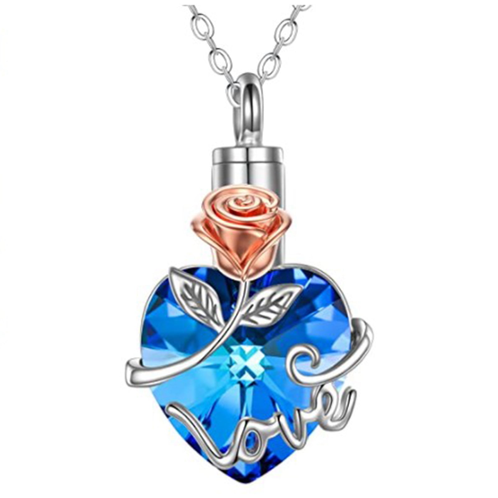 Blue Crystal Heart Urn Pendant Necklace For Women Memorial Ashes with Chain 