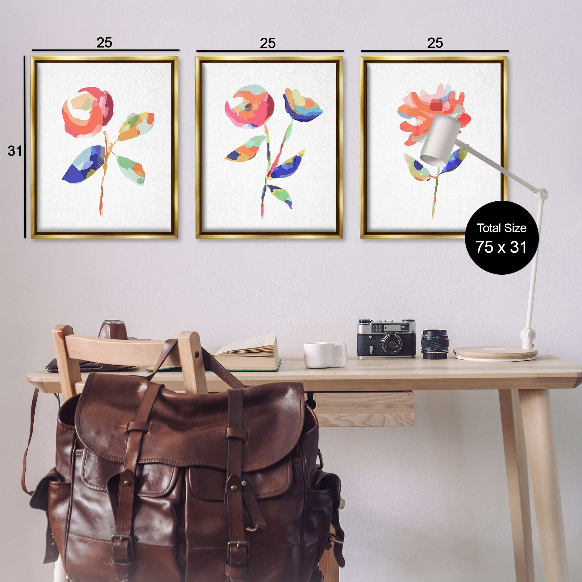 Stupell Industries Brushed Freeflow Flower Plants & Flowers Painting Gold Floater Framed Canvas Art Print Wall Art, 25 x 31, Set of 3