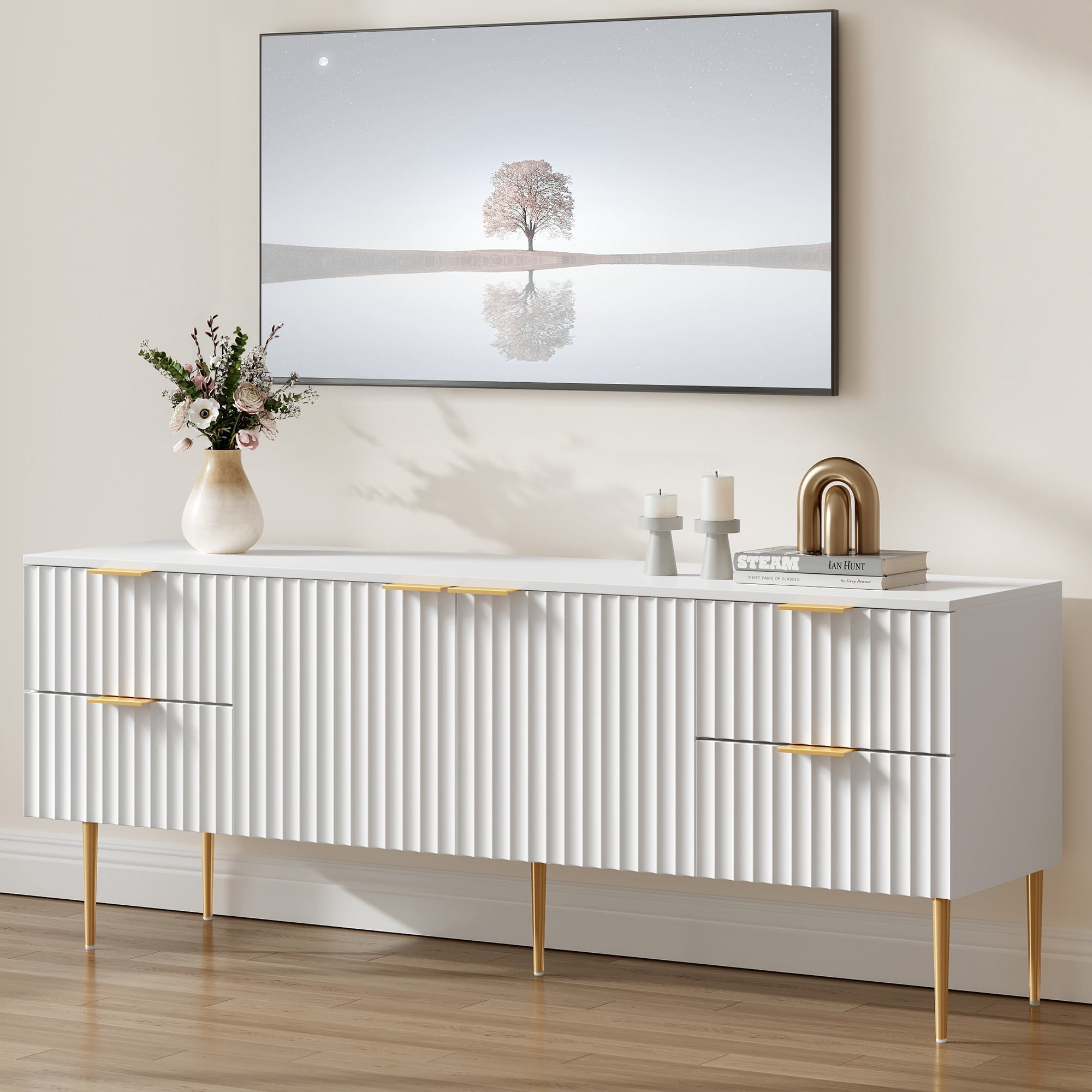 SICOTAS Modern Fluted TV Stand for TVs up to 70", High Glossy Entertainment Center with 2 Storage Cabinets & 4 Drawers, Tall Media Console Table for Living Room, White