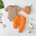 thumbnail image 2 of Kucnuzki Newborn Baby Boy Outfits 3-6 Months Solid Color Short Sleeve Romper Top + Pants + Hat 3pcs Baby Boy Pant Set Brown, 2 of 9