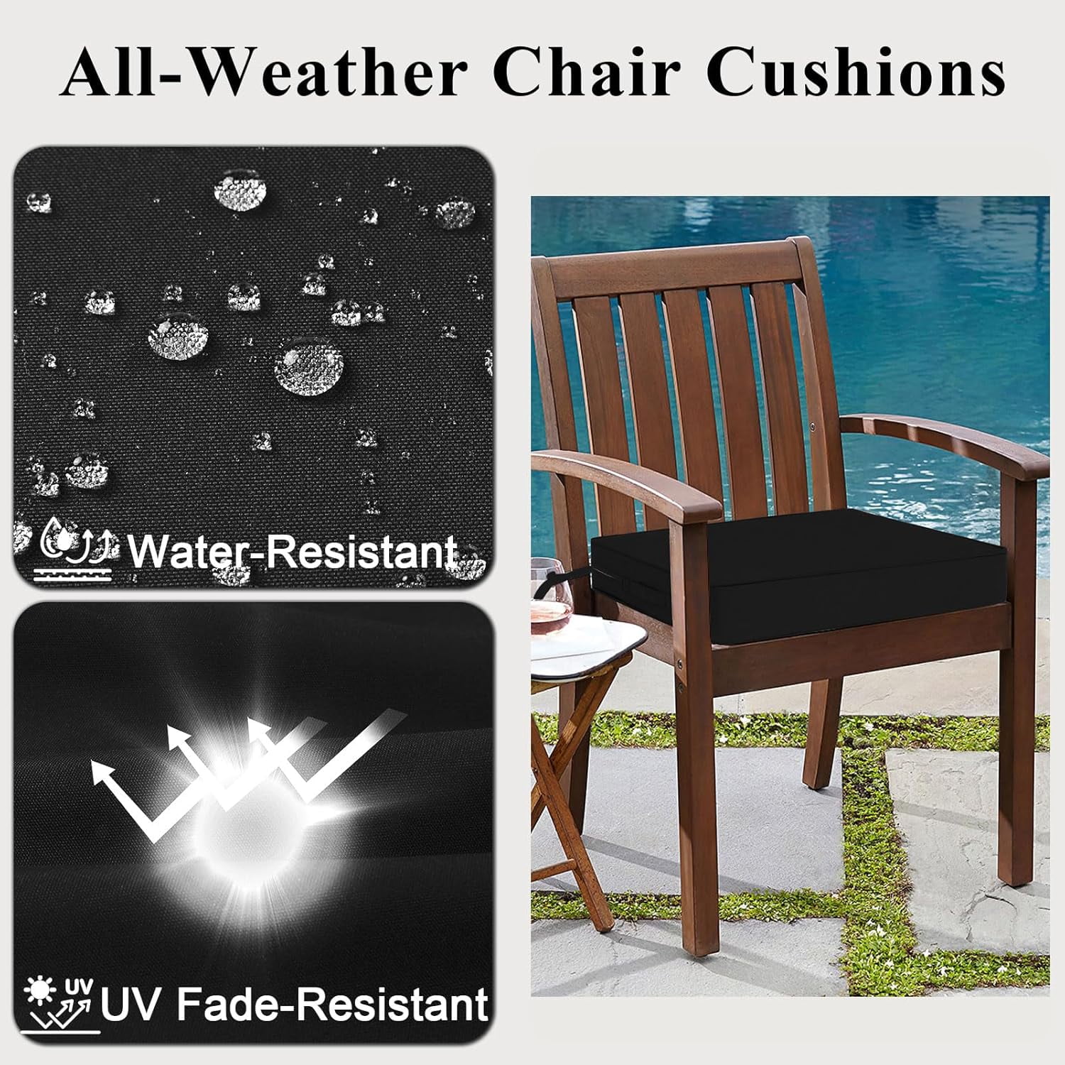 Outdoor Chair Cushions 19x19x4 Inch, Waterproof Black Patio Furniture Cushions Set of 2 with Ties & Handle, 3 Year Color Fastness Square Replacement Seat Cushions for Sofa, Couch