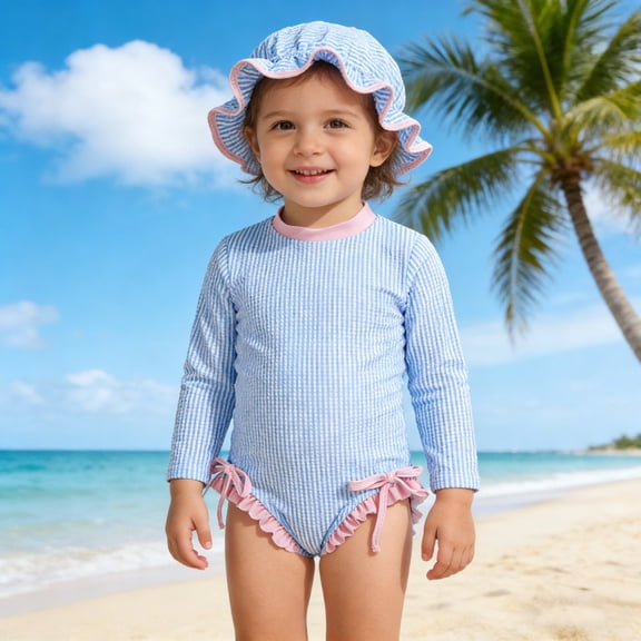 Baby Swimsuit Girl Girl's Striped Bow Two Piece Swimsuits with Swim Cap for Toddler Toddler Girl Bathing Suit Blue 6-12 Months