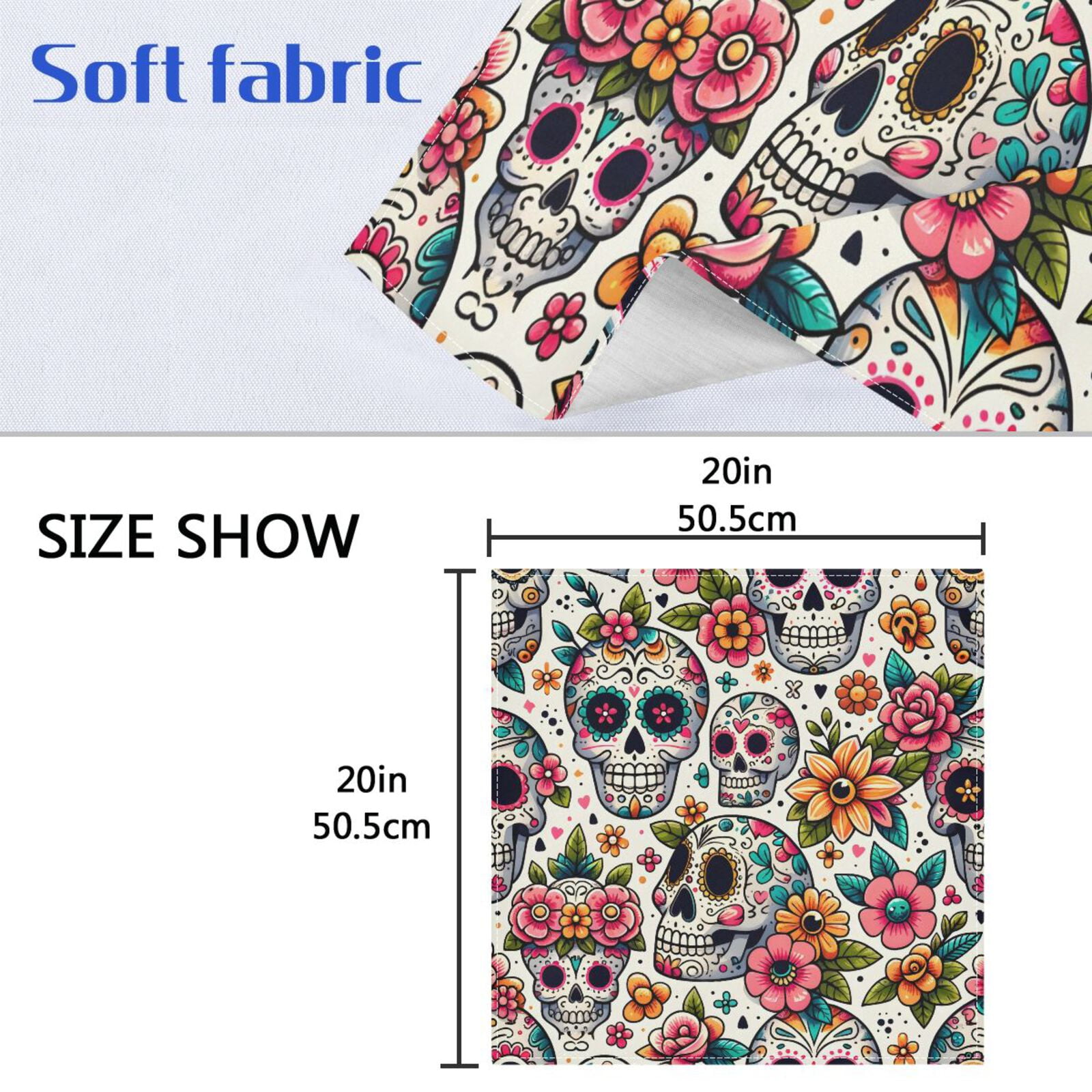 JSTEL Sugar Skull Day Of Dead Flower Cloth Napkins Set of 6, 20x20 Inch Washable and Reusable Napkin for Decoupage Dinner Party Everyday Use